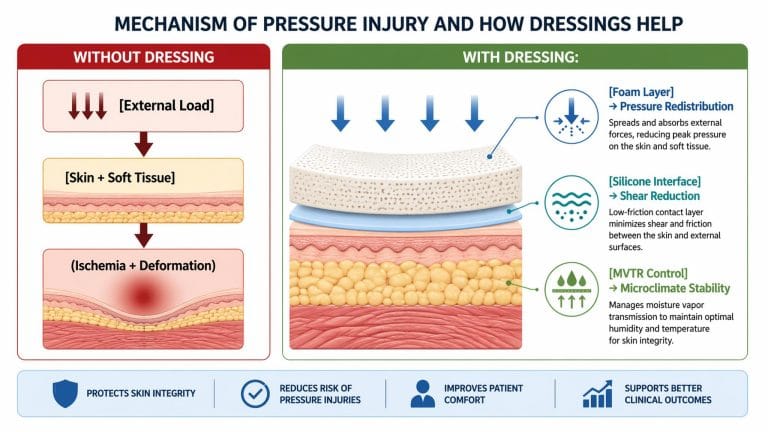 Mechanism of pressure injury and how prophylactic foam dressings prevent it through pressure redistribution, shear reduction, and microclimate control