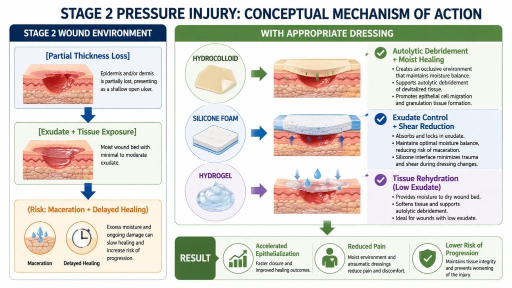 Stage 2 pressure injury wound environment and conceptual mechanism of action of hydrocolloid, silicone foam, and hydrogel dressings