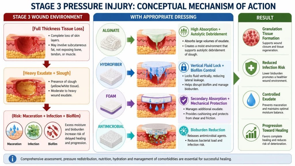 Stage 3 pressure injury wound environment with slough and heavy exudate, and the mechanism of alginate, hydrofiber, foam, and antimicrobial dressings