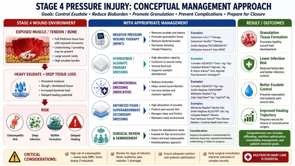 Stage 4 pressure injury management approach combining NPWT, hydrofiber and alginate primary dressings, antimicrobial cover, superabsorbent foam, and surgical review