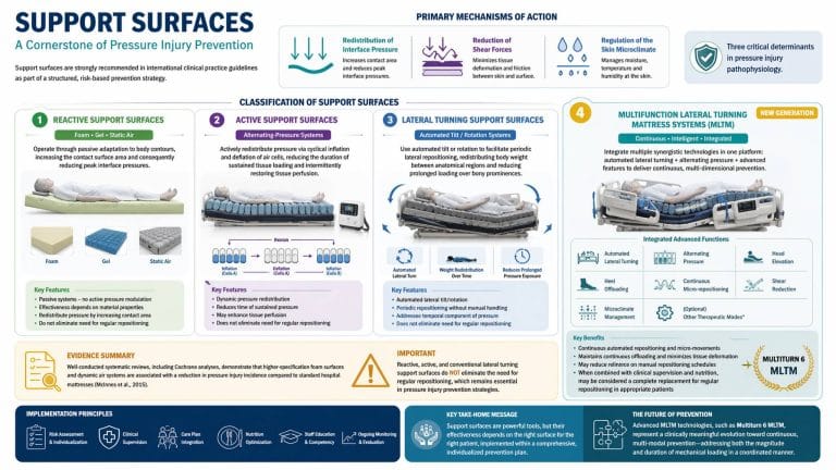 Four categories of support surfaces for pressure injury prevention: reactive foam and gel, active alternating-pressure, lateral turning, and multifunction MLTM systems like multiTURN® 6