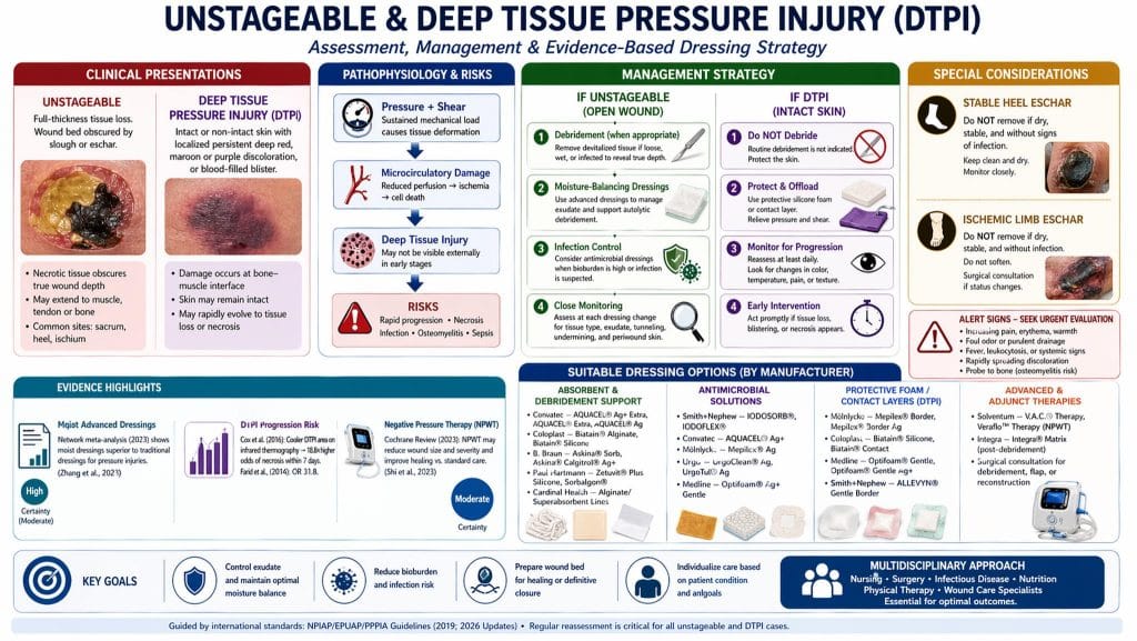 Unstageable and deep tissue pressure injury (DTPI) clinical presentations, pathophysiology, management strategy, and evidence-based dressing options by manufacturer