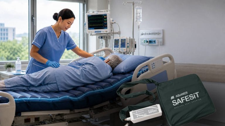Nurse caring for an elderly patient on an alternating pressure mattress in a hospital, with ABeWER SAFESiT cushion and pump alongside, illustrating integrated pressure ulcer prevention.