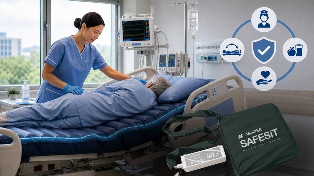 Nurse caring for an elderly patient on an alternating pressure mattress in a hospital, with ABeWER SAFESiT cushion and pump alongside, illustrating integrated pressure ulcer prevention.