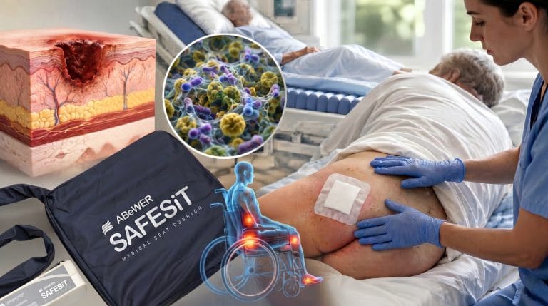 Nurse assessing and dressing an infected pressure injury, alongside a skin cross-section showing tissue damage, a wound biofilm microscopy view, and the ABeWER SAFESiT seated pressure cushion