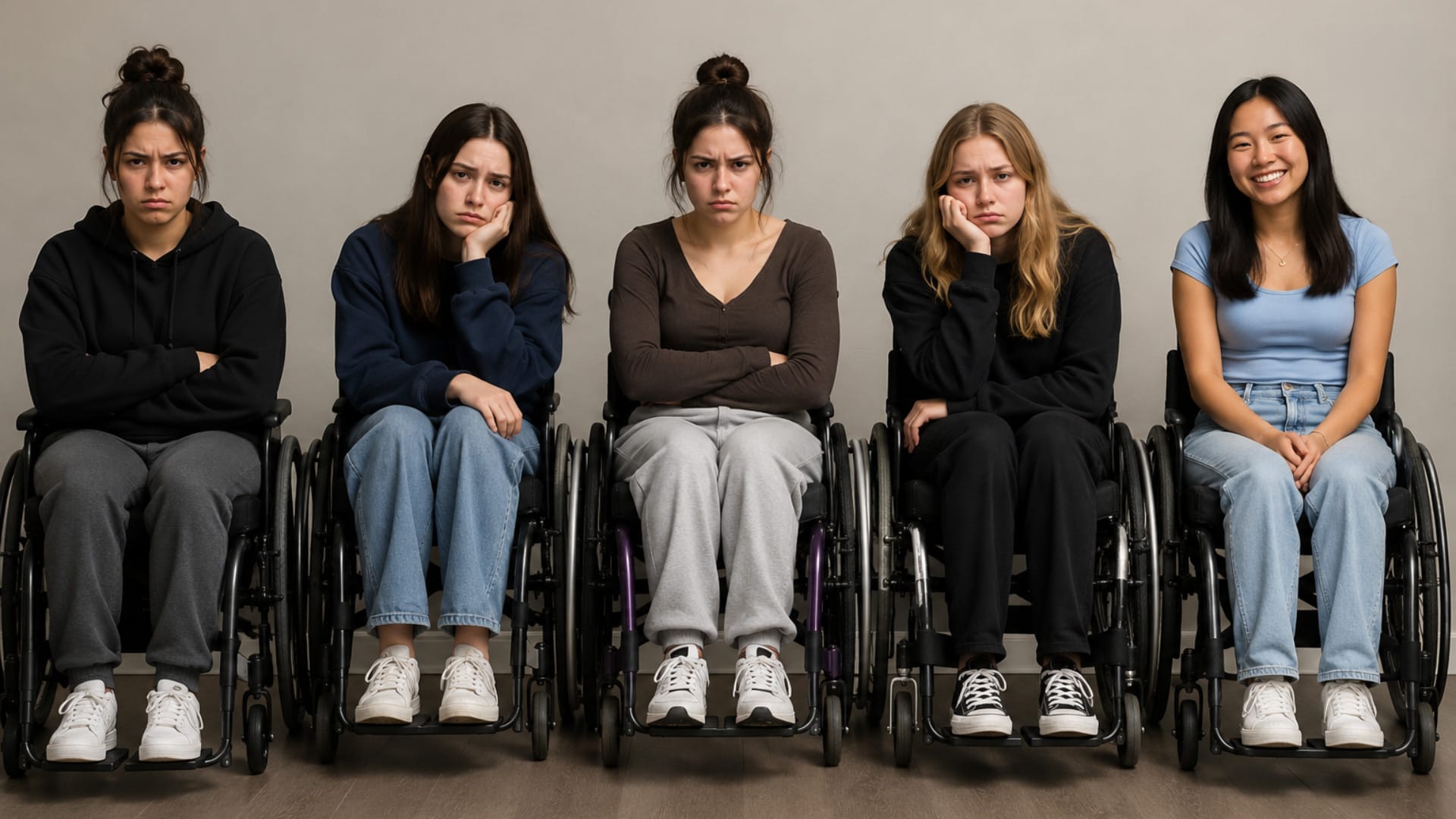 Row of five wheelchair users illustrating the difference active seated pressure redistribution makes, with four uncomfortable patients on static seating and one comfortable patient supported by the ABeWER SAFESiT cushion