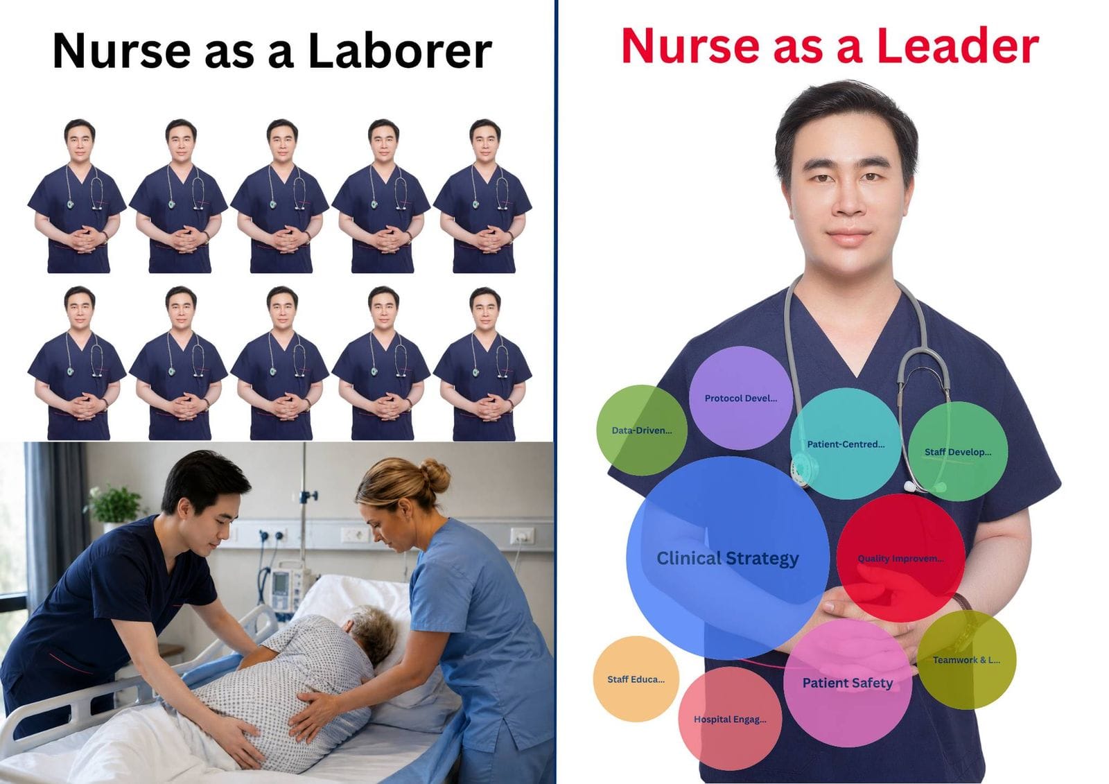 Split graphic contrasting nurse as a labourer performing manual patient turning with nurse as a leader directing a pressure injury prevention strategy