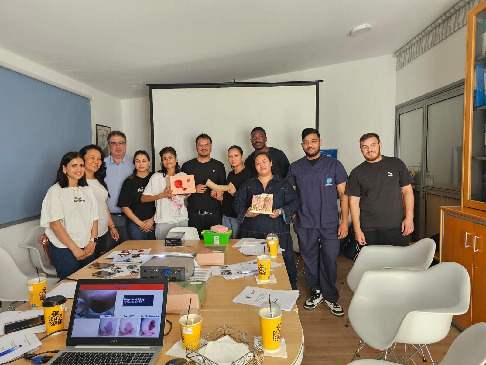 Nurses and caregivers at the four-day ABeWER and MATC Academy pressure injury prevention program with wound and skin models, Nicosia, Cyprus.